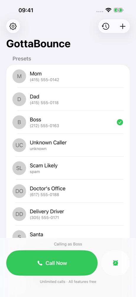GottaBounce caller list with Mom, Dad, Boss and other presets, and unlimited calls included