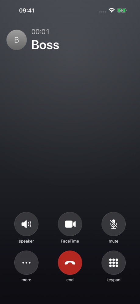 Actual GottaBounce answered-call screen with a timer, speaker button and end button