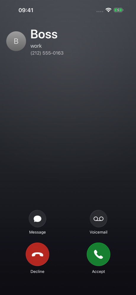 Actual GottaBounce incoming-call screen with Boss as the simulated caller